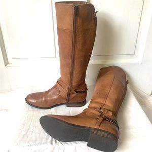 MARC FISHER  Women 8.5M Cognac Leather Shaped Riding Boots Buckle/Chain Detail